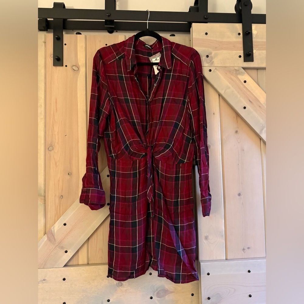 NWT Express Plaid Tie Front Shirt Dress